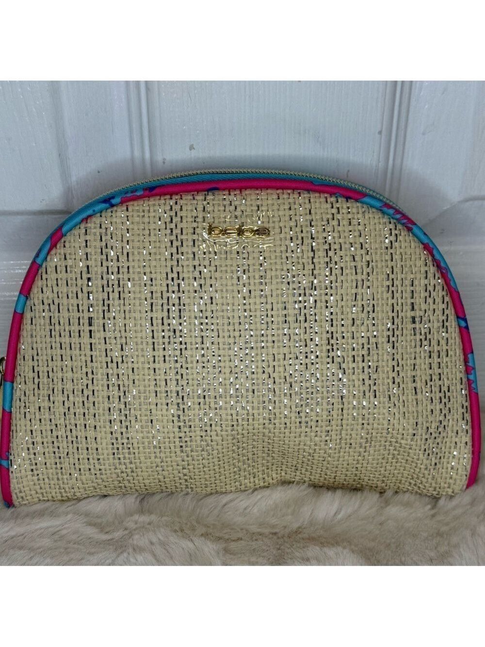 BEBE COSMETIC BAG SEMI CIRCULAR WITH BLUE AND PINK TRIM - Picture 1 of 11